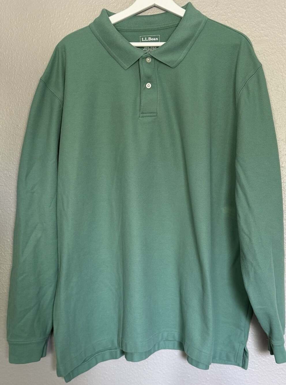 L.L.Bean Polo Shirt Mens 3XL Sage Green 100% Cotton Reg Fit Long Sleeve Casual